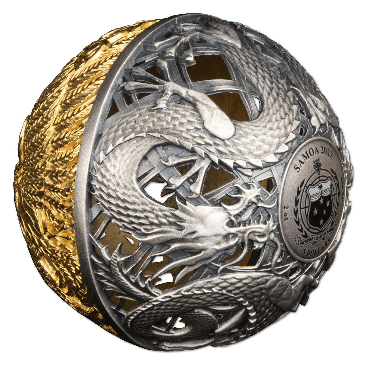 Zilveren filigree Dragon and Phoenix munt