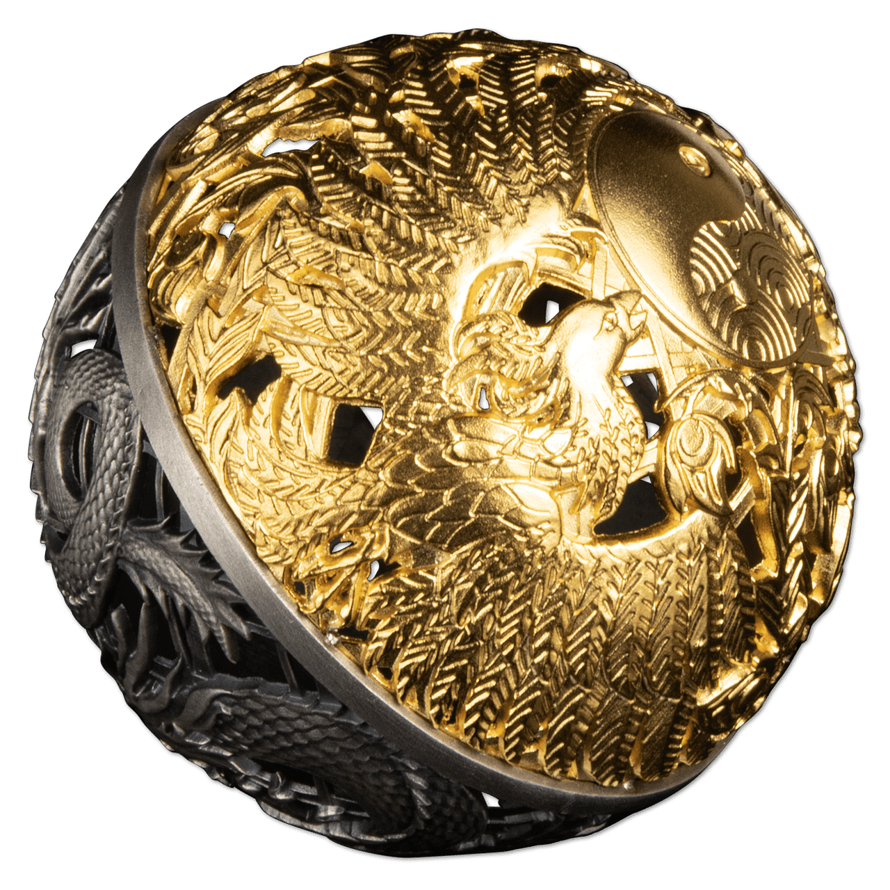 Zilveren filigree Dragon and Phoenix munt
