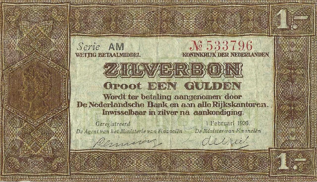 Bankbiljet 1 gulden 1920 Zilverbon Zeer Fraai (2 letters/6 cijfers)