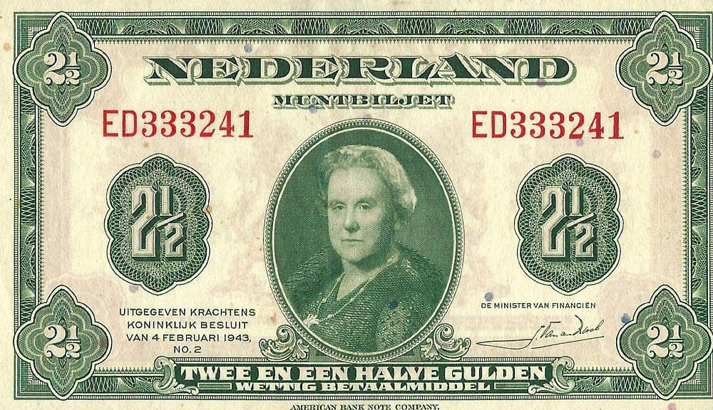 Bankbiljet 2,5 gulden 1943 Wilhelmina I Zeer Fraai