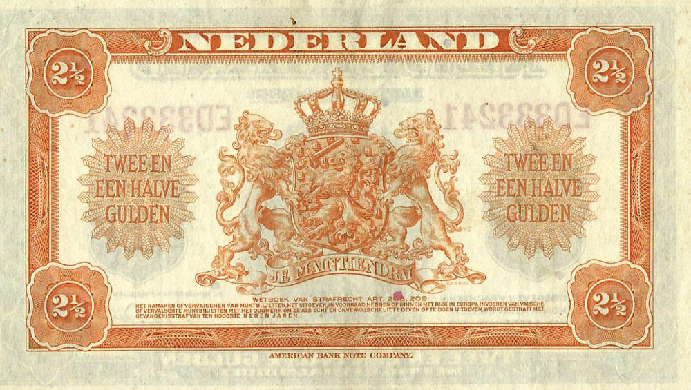 Bankbiljet 2,5 gulden 1943 Wilhelmina I Zeer Fraai