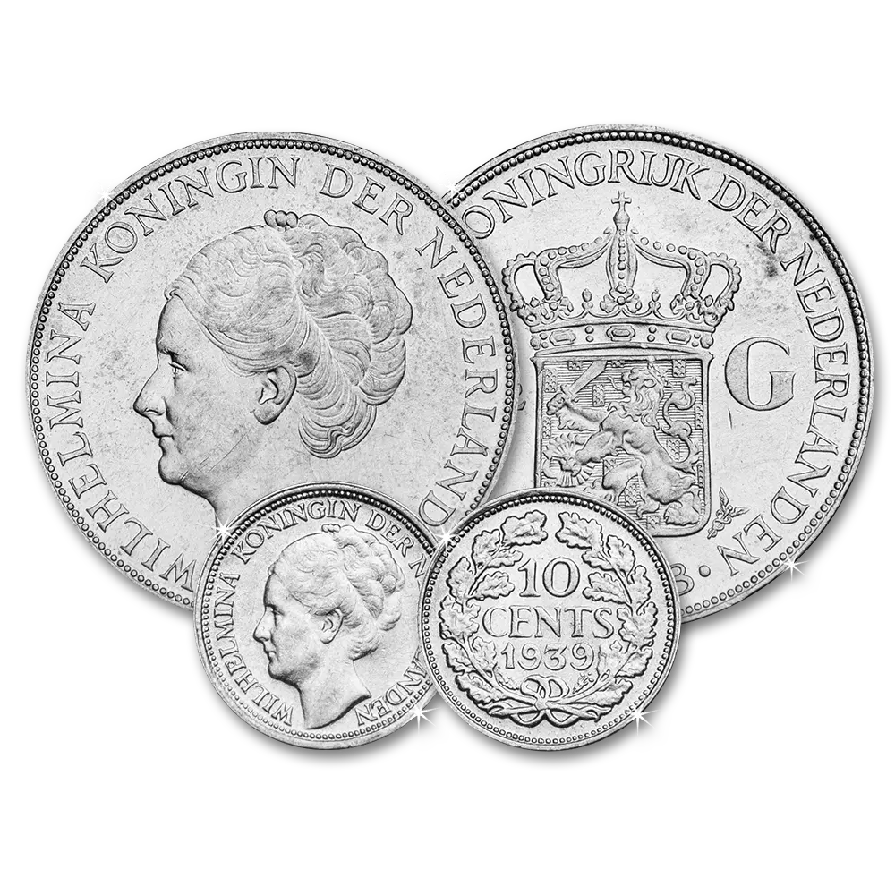 Grootste en Kleinste Zilveren munt van Koningin Wilhelmina | Munt-Online.nl