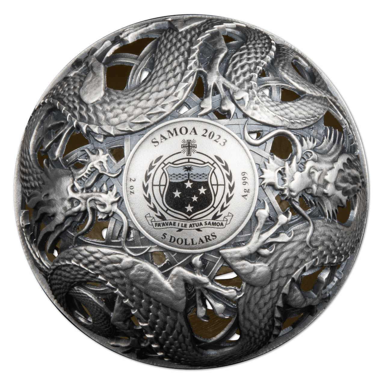 Zilveren filigree Dragon and Phoenix munt
